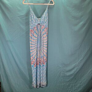 YOA Womens Boho Sleeveless Maxi Dress Blue & Red Floral Print 100% Rayon Medium